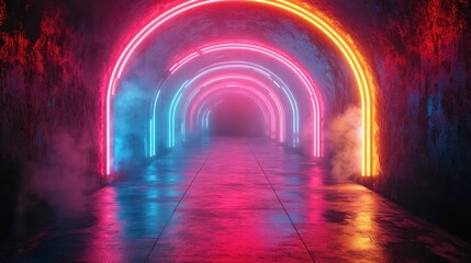 Neon-lit tunnel creates vibrant, mysterious atmosphere
