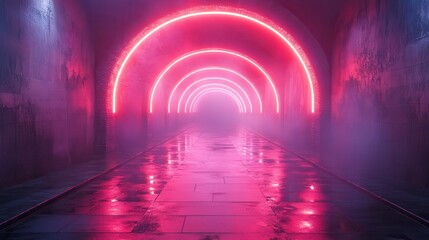 Neon-lit tunnel with arches of light receding into mist, creating a sense of depth