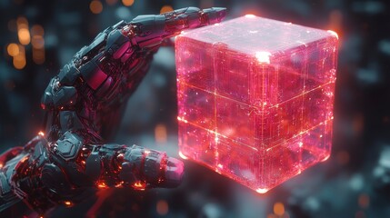 Robotic hand cradling luminous red cube against bokeh lights, futuristic tech, and synthetic wonder
