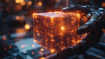 Robotic hands hold a glowing, complex cube with orange and white lights
