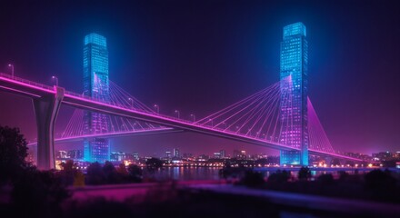 Naklejka premium Neon city skyline bridge at night with cyber punk futuristic architecture and river view landscape scene