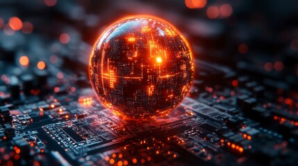 Glowing sphere atop intricate circuitry, emitting warm orange light with scattered bokeh