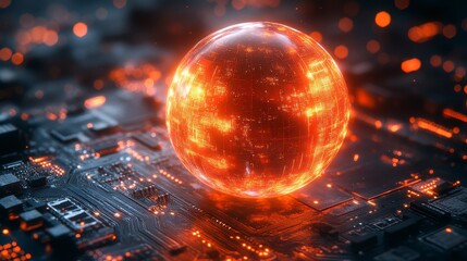 Glowing orb atop circuit board