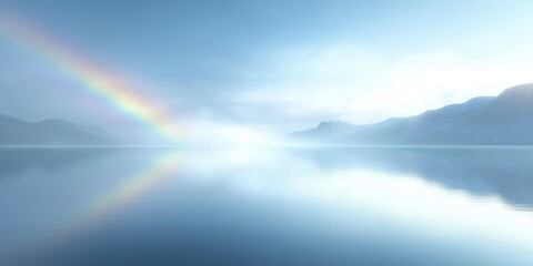 Minimalistic landscape with a rainbow mist rising from a calm lake, surrounded by distant mountains under a soft sky