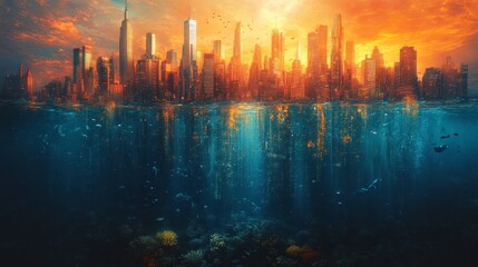 City skyline above and submerged, orange skies reflecting into the deep, blue sea