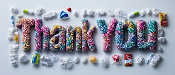 Colorful textured Thank You formed from small beads, surrounded by small crumpled papers and assorted tiny objects