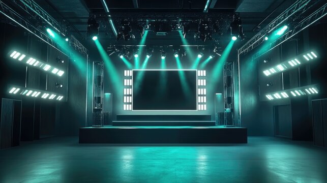 Empty stage with modern lighting and LED screen, perfect for concerts, events, or presentations.