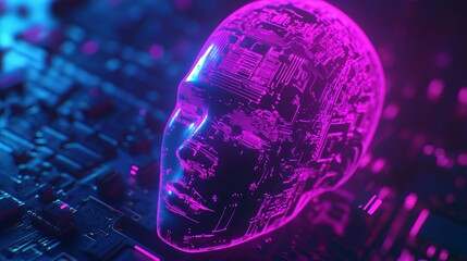 Abstract digital human head neon circuit board design technology ai 3d pink blue data light future