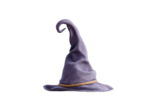 PNG Purple witch hat with twisted tip and rope detail on black background