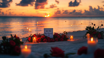 Romantic Maldives Proposal: Sunset Beach Setting with Red Roses and Candlelit Magic

