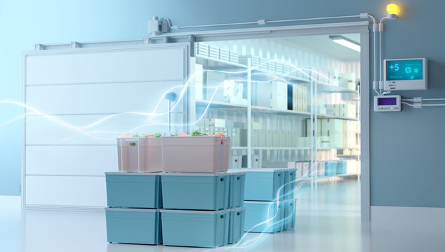 Climate-controlled storage room with crates of fresh produce, digital temperature and humidity control panel, and organized shelving for cold chain logistics. – Warehouse. Logistics. 3d image
