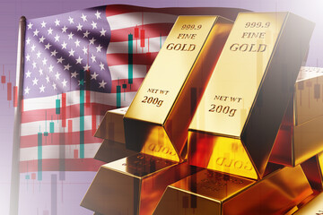 Stack of gold bars in front of the American flag with financial candlestick chart, representing US investment, wealth, and precious metals trading. – Finance. Investment. 3d image