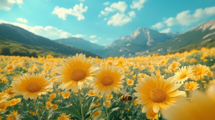 A field of yellow flowers under a blue sky, with mountains in the background and a bee approaching