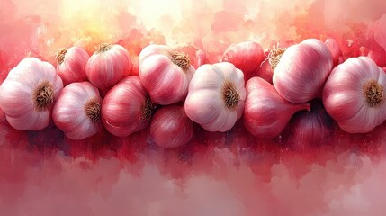 Colorful arrangement of garlic and shallots, artistic style, soft light, and inviting warmth