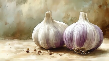 Two garlic bulbs, one purple, on a tan surface against a painterly beige background