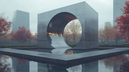 Sculpture stands still amidst water & fall foliage near skyscrapers under an overcast sky