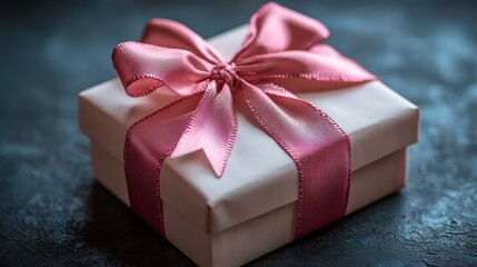 Gift box with a pink ribbon sits against a dark background