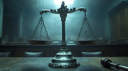 Balance scales sit atop a wooden table, casting a dim light in a courtroom setting