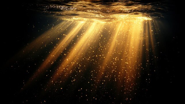 Sunlight penetrates water creating beams and particles in darkness