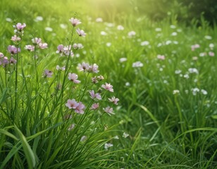 Fototapeta premium Close-up of delicate June blossoms amidst lush green grass , macro photography, plant, floral