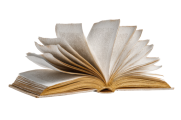 PNG Open antique book with scattering pages on white background