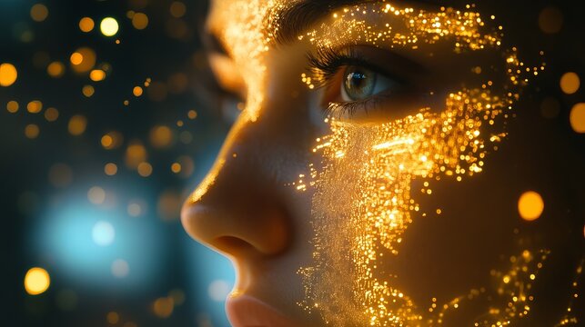 Golden sparkles adorn woman face artistic portrait beauty eye dark skin light model shine magic style