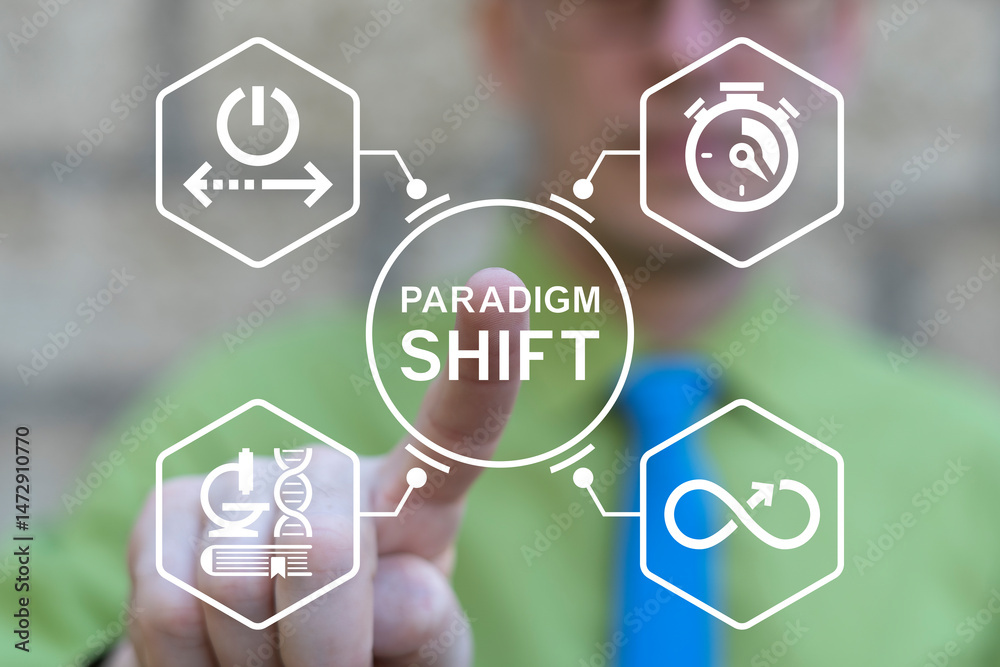Poster Business person using virtual touch screen push inscription: PARADIGM SHIFT. Paradigm Shift - fundamental change in approach or underlying assumptions. Paradigm Shift Business Technology Concept.