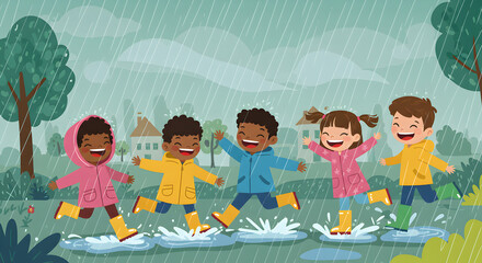 Vector Art Of Children Playing In Rain