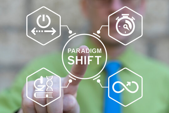 Business person using virtual touch screen push inscription: PARADIGM SHIFT. Paradigm Shift - fundamental change in approach or underlying assumptions. Paradigm Shift Business Technology Concept.