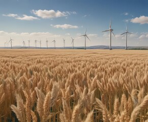 Rows of windmills in a vast wheat field under a blue sky , clouds, wheat, power