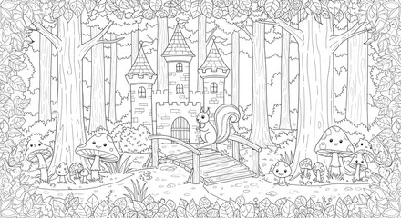 Enchanted Forest Castle Coloring Page Squirrel on Bridge, Mushrooms, Trees