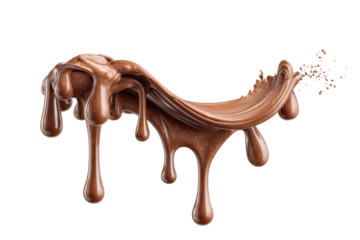 PNG Flowing wave of melted chocolate with a floating berry on black background
