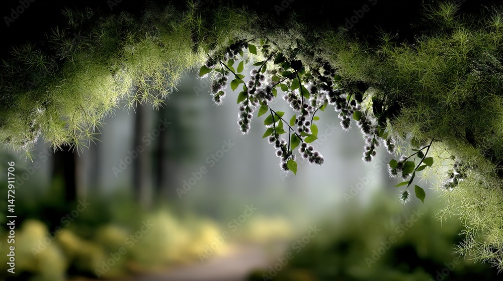 Wall mural a clear picture of a forest trail with lush greenery dangling from the trees
