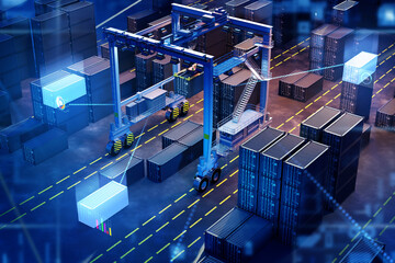 Modern logistics port. Digitalization cargo port. Logistics terminal with sea container. Unloading...