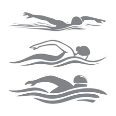 Swimmer male athlete silhouette in water waves icon set