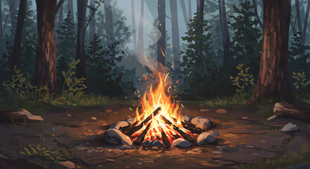 Watercolor Of Campfire In The Woods