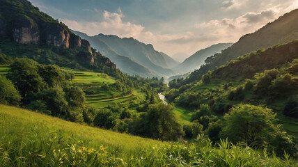 Obraz premium Beautiful summer landscape with a river and a tree in the foreground