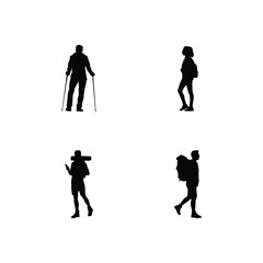 Hiking backpackers silhouettes icon logo set.