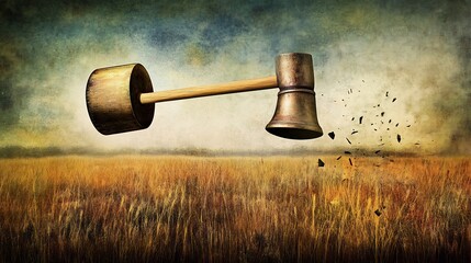 Conceptual surreal artwork of hammer turning into a school bell mid swing symbolic of transformation and justice