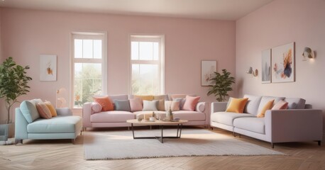 Fototapeta premium Pastel-colored living room with plush seating and natural light , accessories, natural light, peaceful