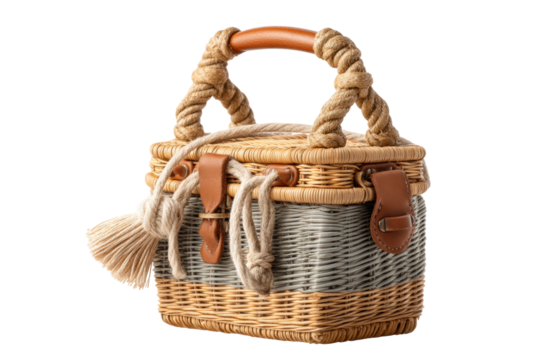 PNG Stylish wicker basket handbag with leather straps and rope handle