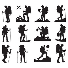 Set of silhouettes of tourists and adventurers.