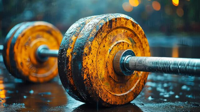 Heavy barbell resting on a wet gym floor with raindrops and dramatic lighting, symbolizing persistence
