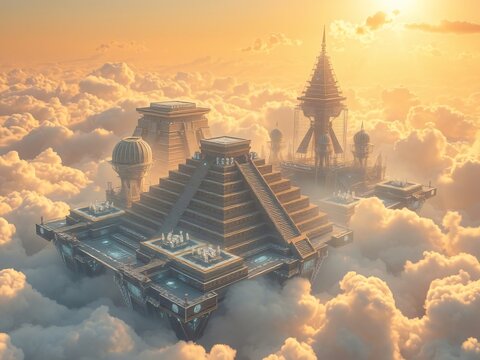 Majestic Sky City Architecture Floating Above Clouds at Sunset - Powered by Adobe