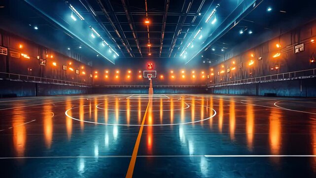 A symmetrical low-angle view of an empty basketball court, with bright arena lights reflecting on the polished wooden floor