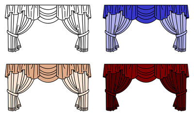 Theater drapes vector illustration, red, purple, beige curtains, isolated on white background