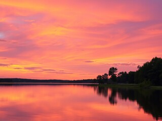 Serene Sunset over Calm Lake with Silhouetted Trees