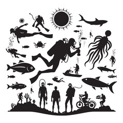 Scuba diving silhouettes set
