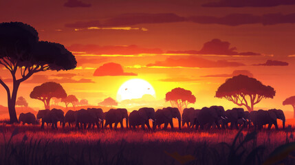 Migration of Elephants: Herd in the African Savannah at Dusk

