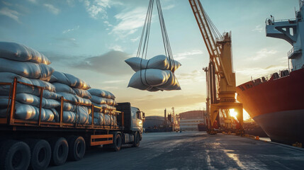 Ship Crane Lifting Sugar Bags Cargo from Truck to Ship Hold at Seaport Terminal for Export

